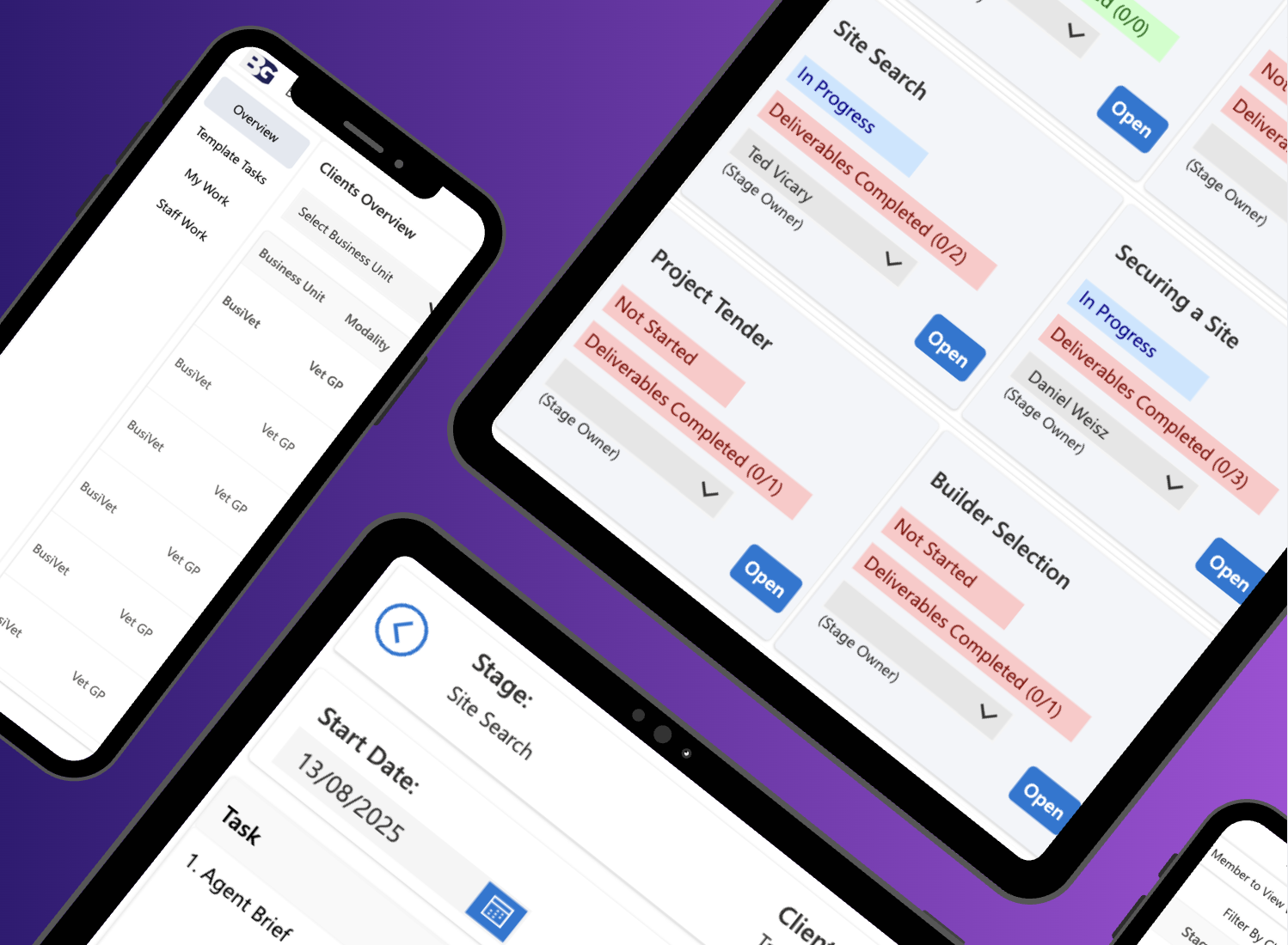 Bespoke client tracking system showing multi-device view with task management and stage tracking
