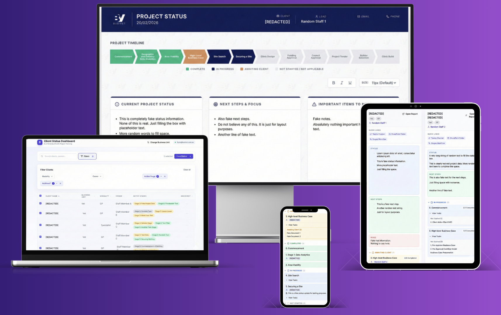 Client Status View App showing project timeline and status dashboard across multiple devices