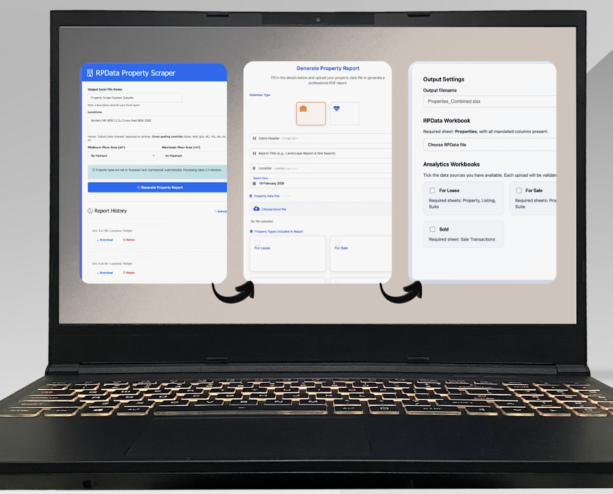 Site Discovery Automation tool showing data property scraper and automated report generator